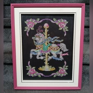 Vintage Framed Cross Stitch Carousel Horse Textile Art 90s Girls Room Fairycore